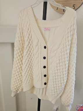 Pink Lily Cream Cable Knit Button-Front Sweater